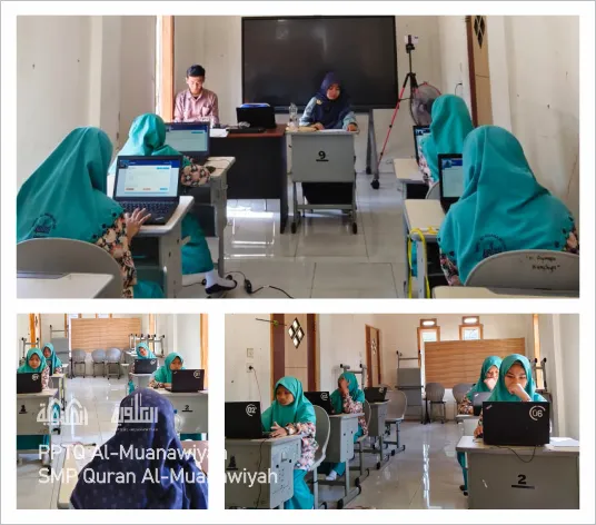 Para siswi SMP Quran Al-Muanawiyah sedang mengikuti olimpiade sains nasional di laboratorium komputer